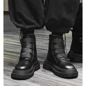 Модные высокие мужские ботинки черные без шнуровки на застежке