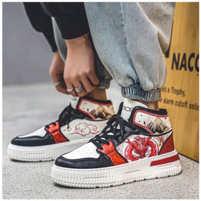 Високі молодіжні кросівки з малюнком дракона чорно біло червоні - на високій підошві
