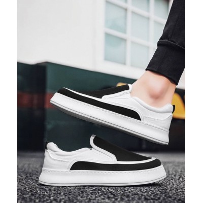 Мужские слипоны на высокой подошве - белые с черным - мокасины