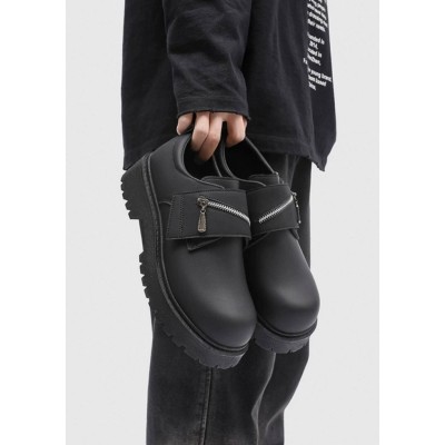 Чоловічі масивні чорні туфлі лофери без шнурків на липучці з блискавкою та грубою товстою підошвою