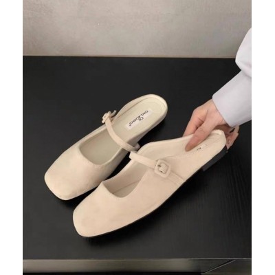 Женские светло бежевые балетки мюли без задника с квадратным носом и ремешком