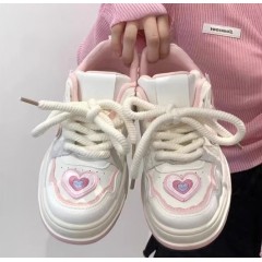 Милашные белые кроссовки с розовыми вставками и сердцами  с толстыми шнурками