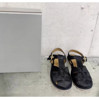 Женские топовые натуральные римские сандалии черные - в стиле marni с ворсом