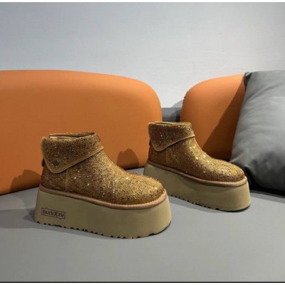Женские полуботинки - рыжие валенки угги с подворотом на очень высокой подошве платформе и блестками