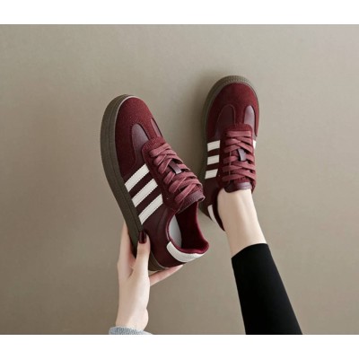 Женские бордовые ретро кеды с тремя белыми полосками - бургунди